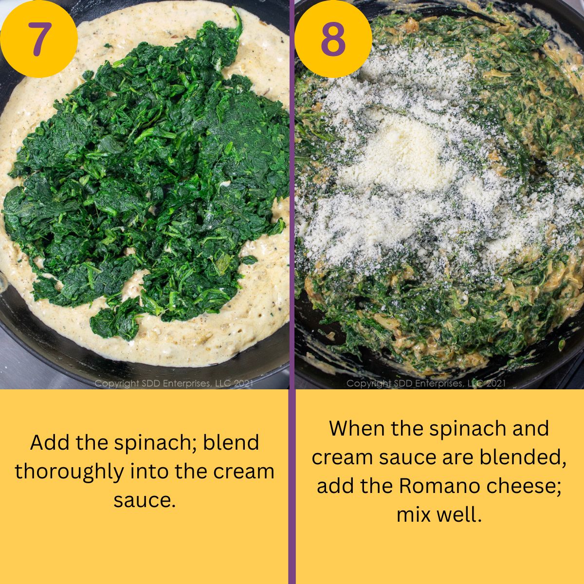 Cooked spinach and grated cheese added to a cream sauce in a saute pan.