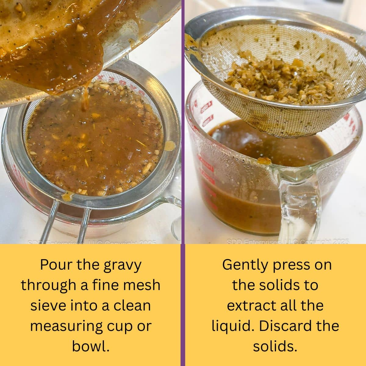 Straining the solids from mushroom gravy.