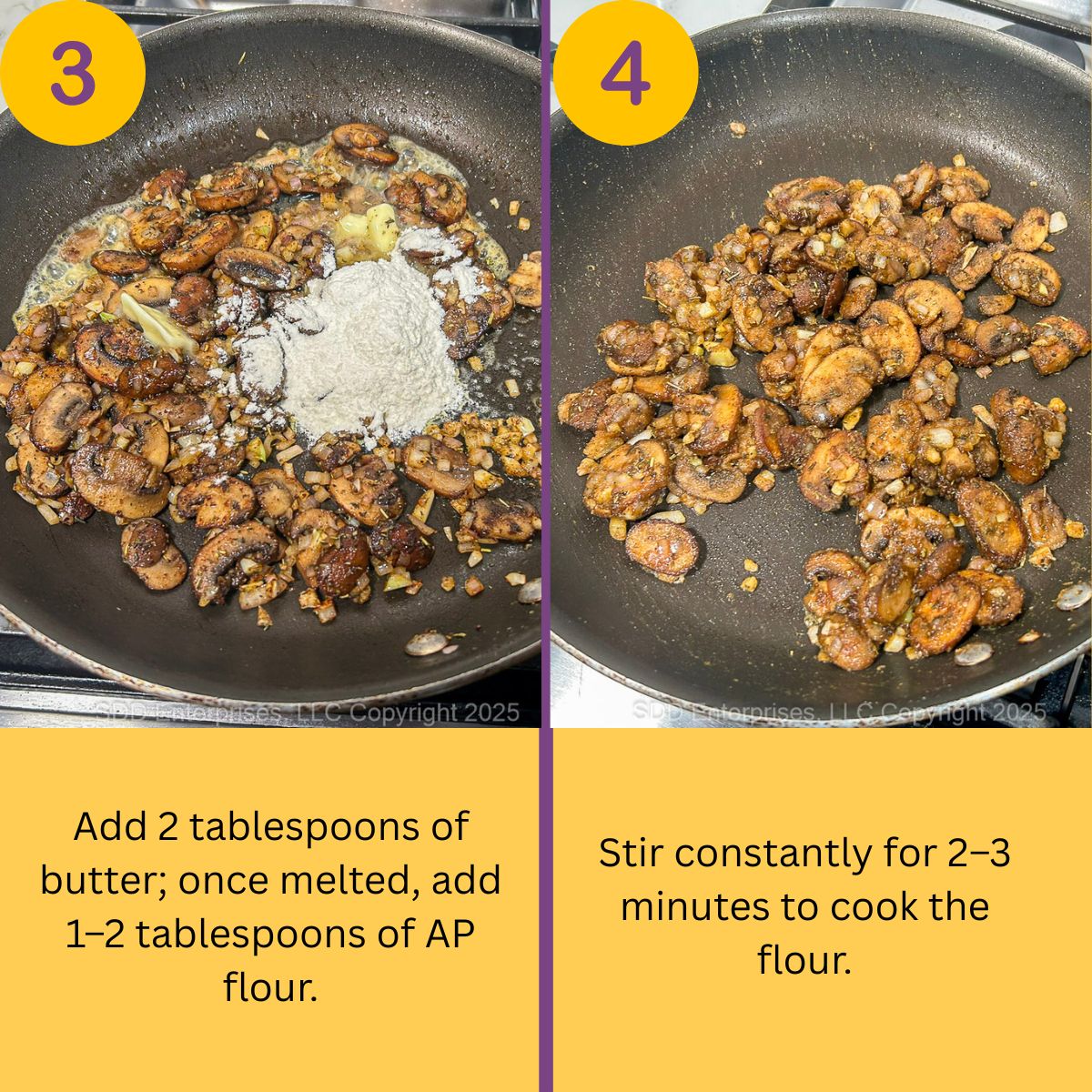Steps for masking mushroom gravy in a skillet.