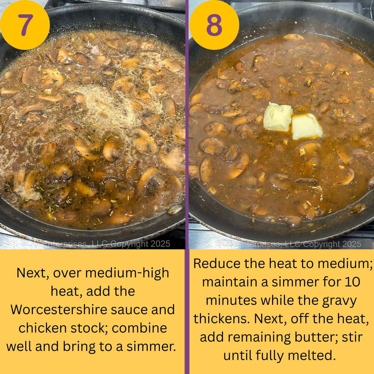 Finishing steps to making mushroom gravy in a skillet.