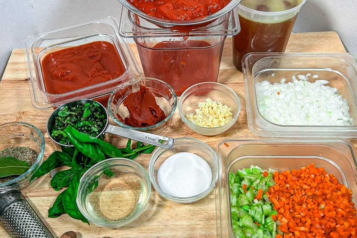Prepared ingredients for Tomato Basil BIsque.