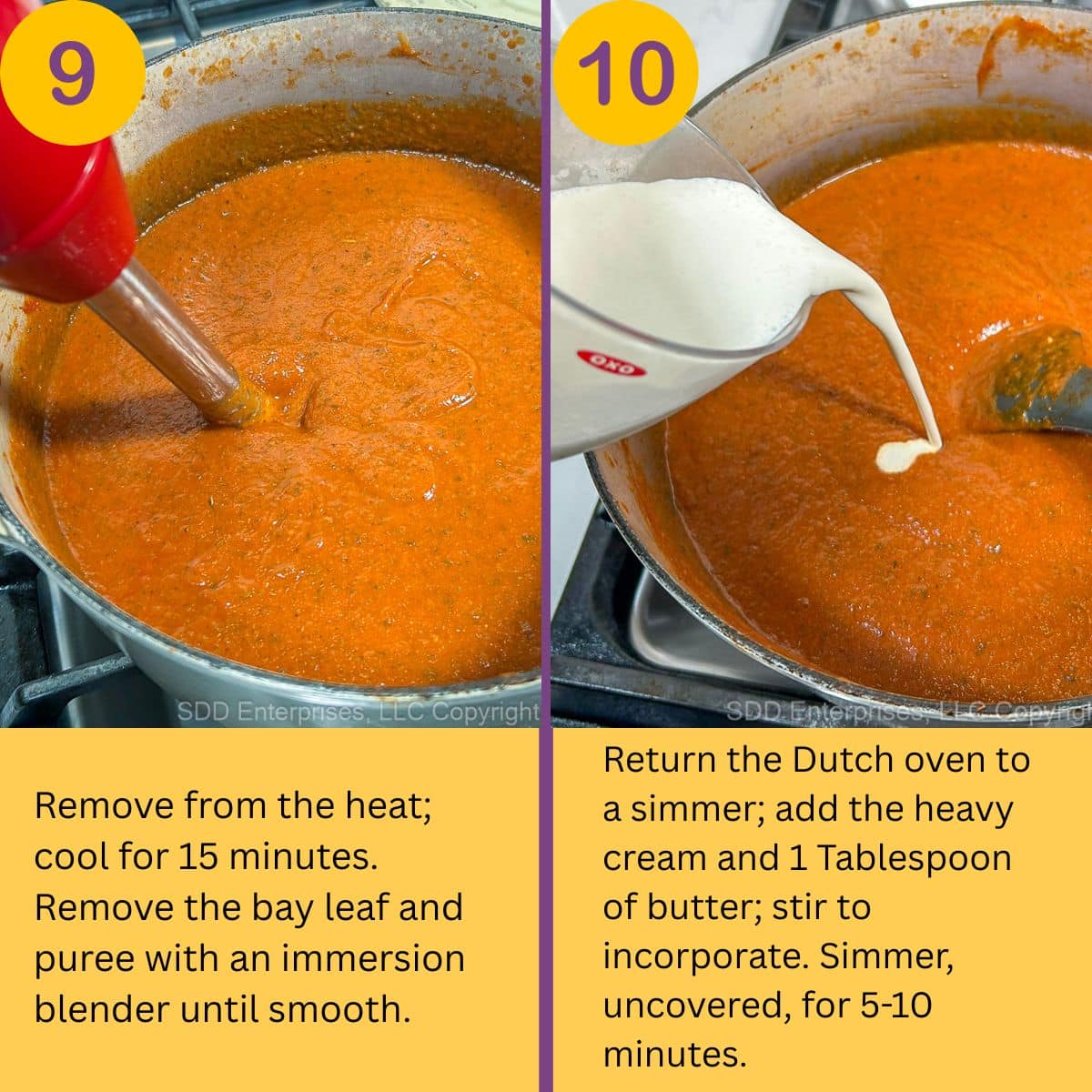 Finishing steps in making tomato soup.