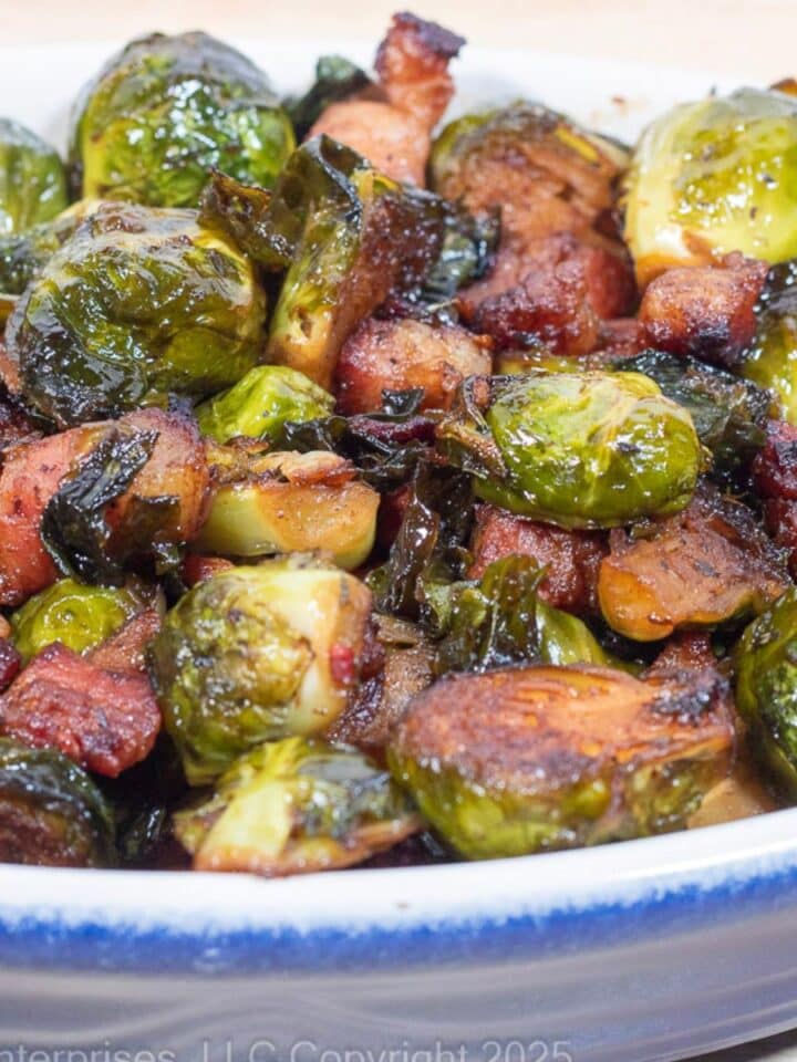 Roasted Brussels with Pancetta in a baking dish.