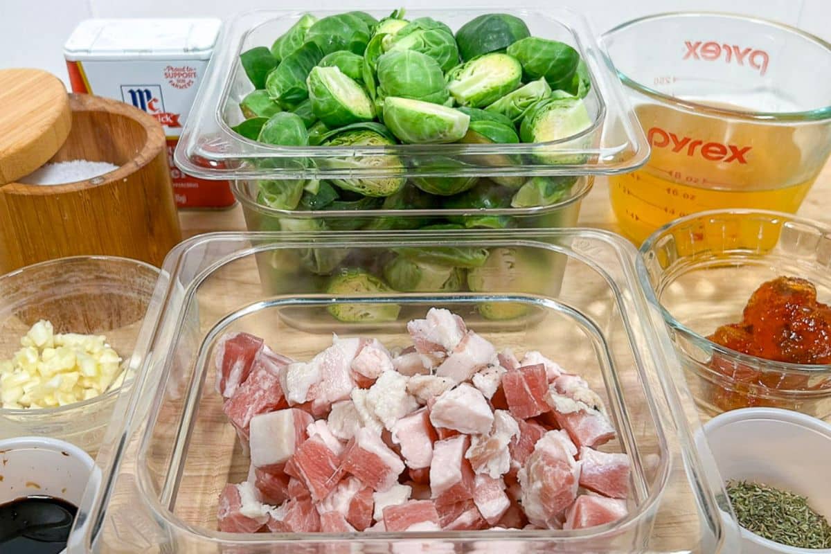 Prepared ingredients for Roasted Brussels Sprouts with Pancetta.