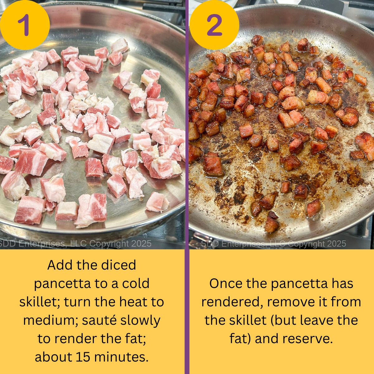 Browning chopped pancetta in a frying pan.