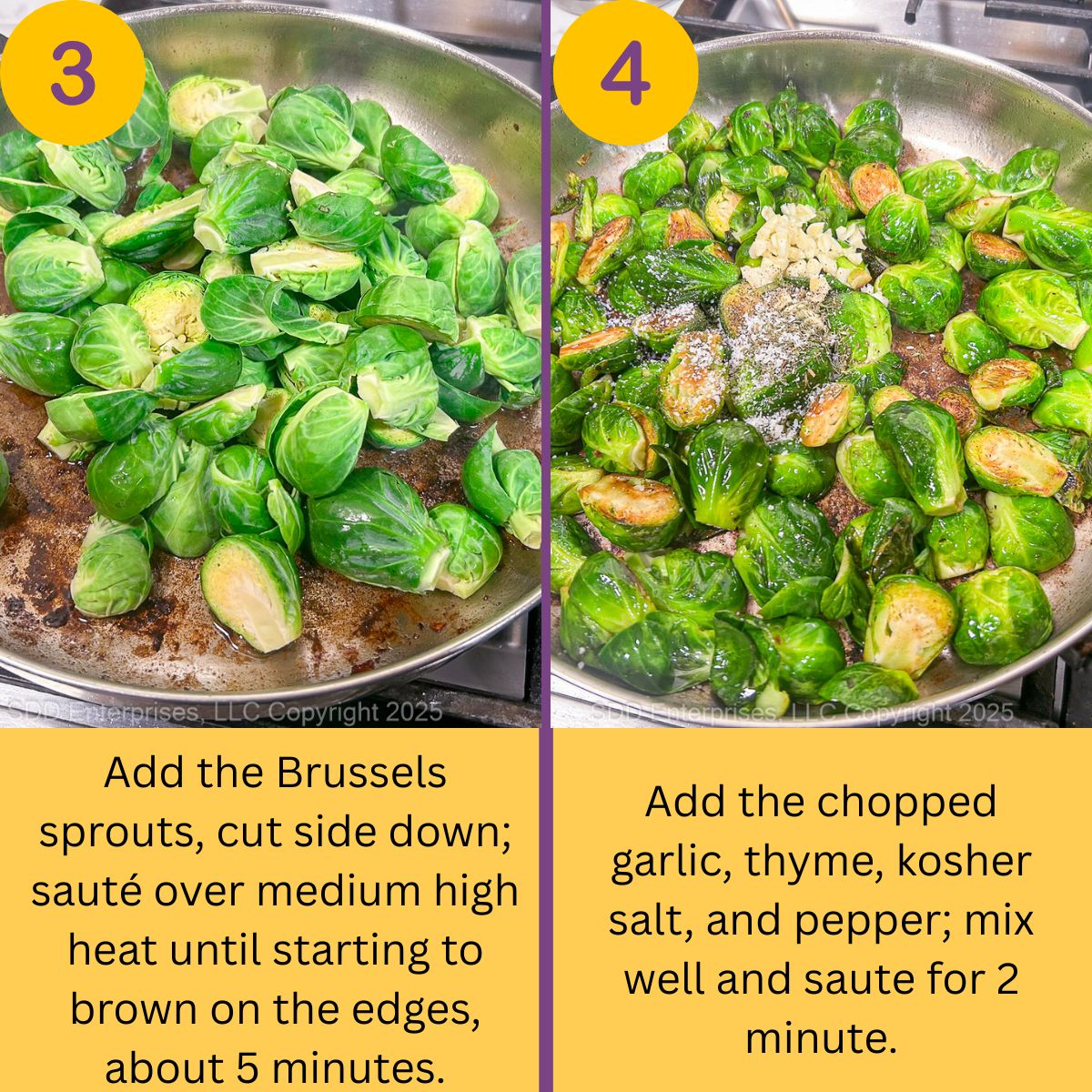Brussels sprouts and seasonings added to fat in a frying pan.