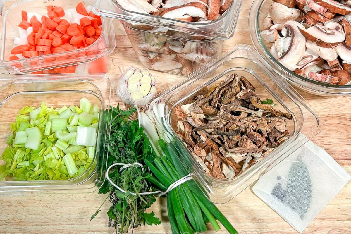 Prepared ingredients for mushrooms stock.