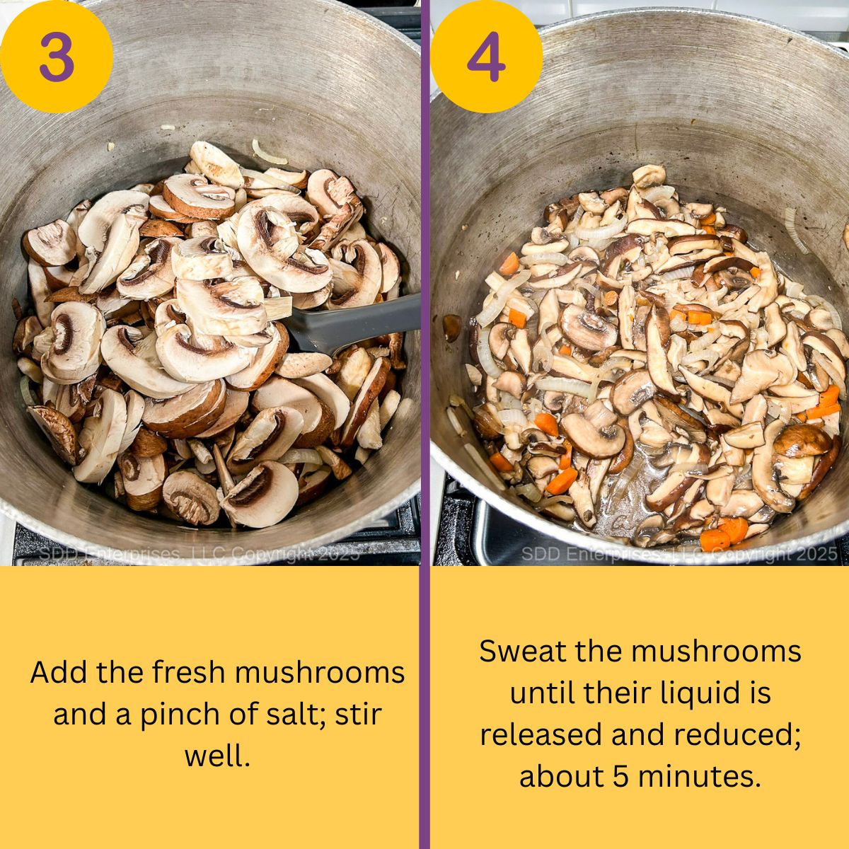Sautéing mushrooms in a large stock pot.