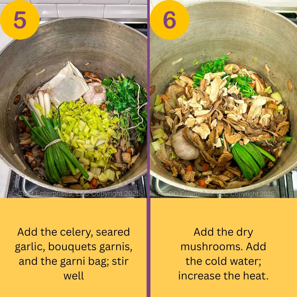 Adding aromatics and dry mushrooms to a stock pot.