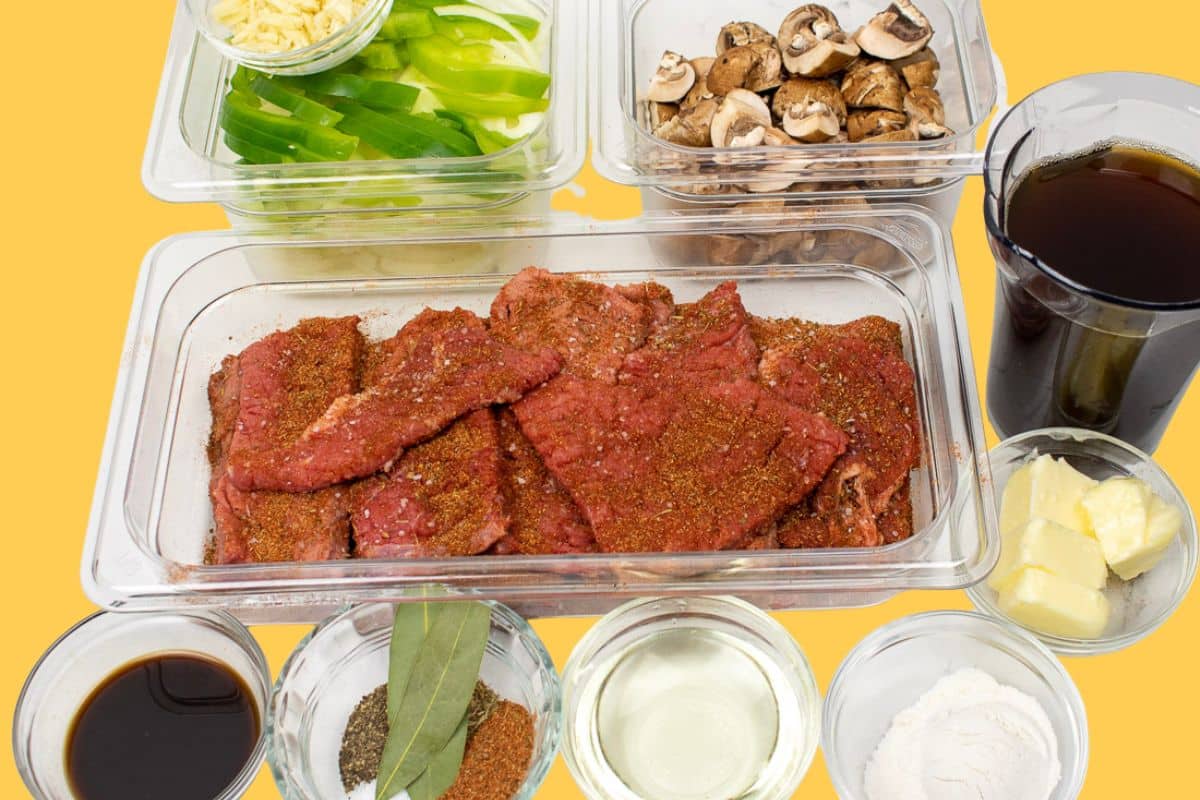 Prepared ingredients for smothered round steak.