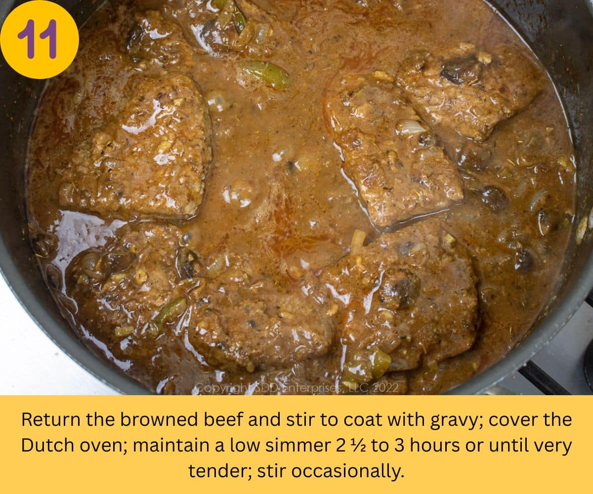 Smothered round steaks in a Dutch oven.