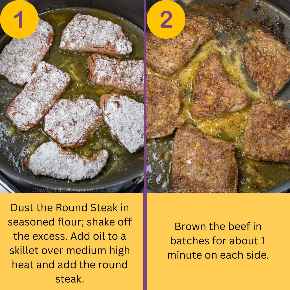Initial steps to make smothered round steaks.
