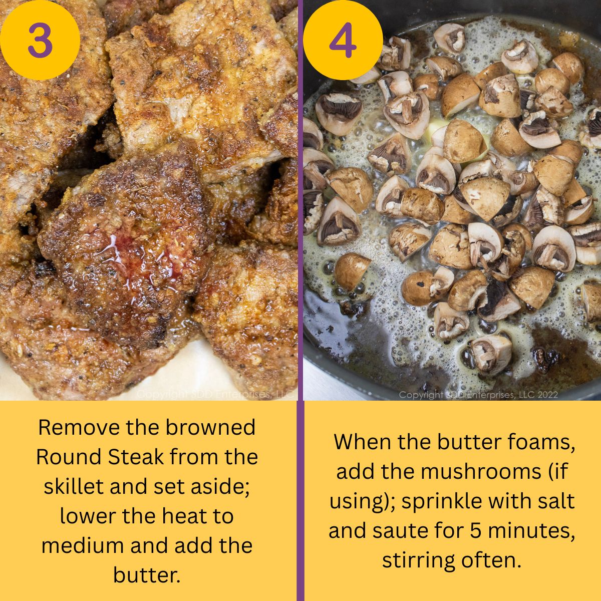 Steps to make smothered round steaks.