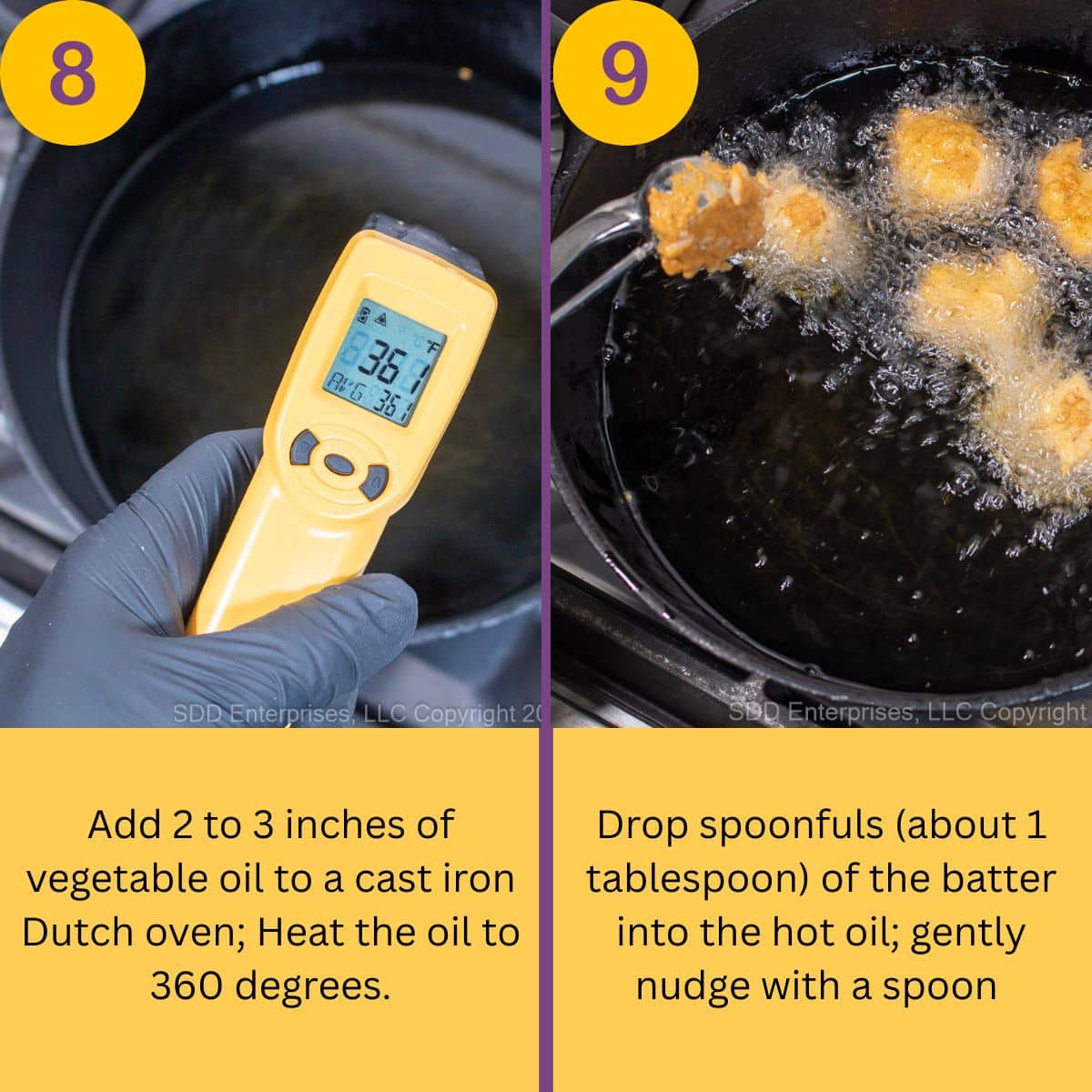 Preparing oil to fry fritters in a Dutch oven.