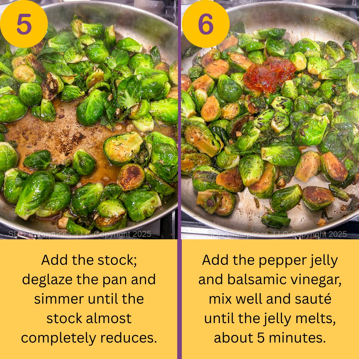 Brussels sprouts in a frying pan with a glaze being added.