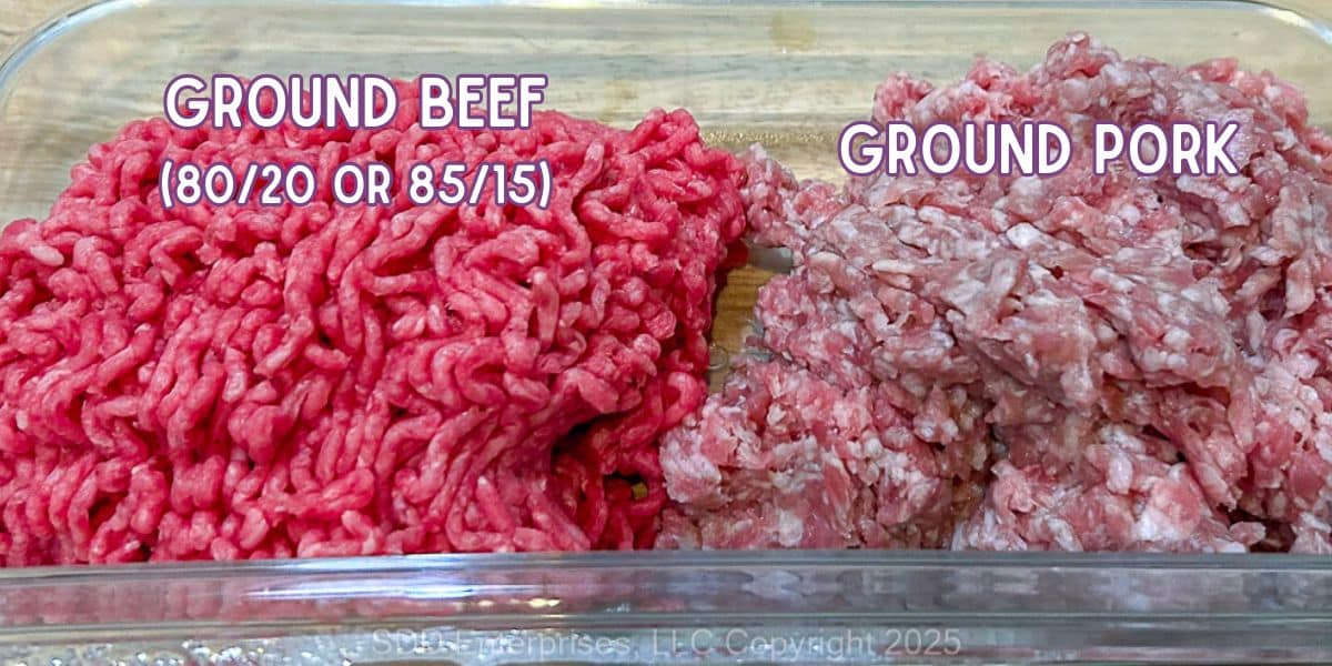 Ground beef and pork on a prep tray.