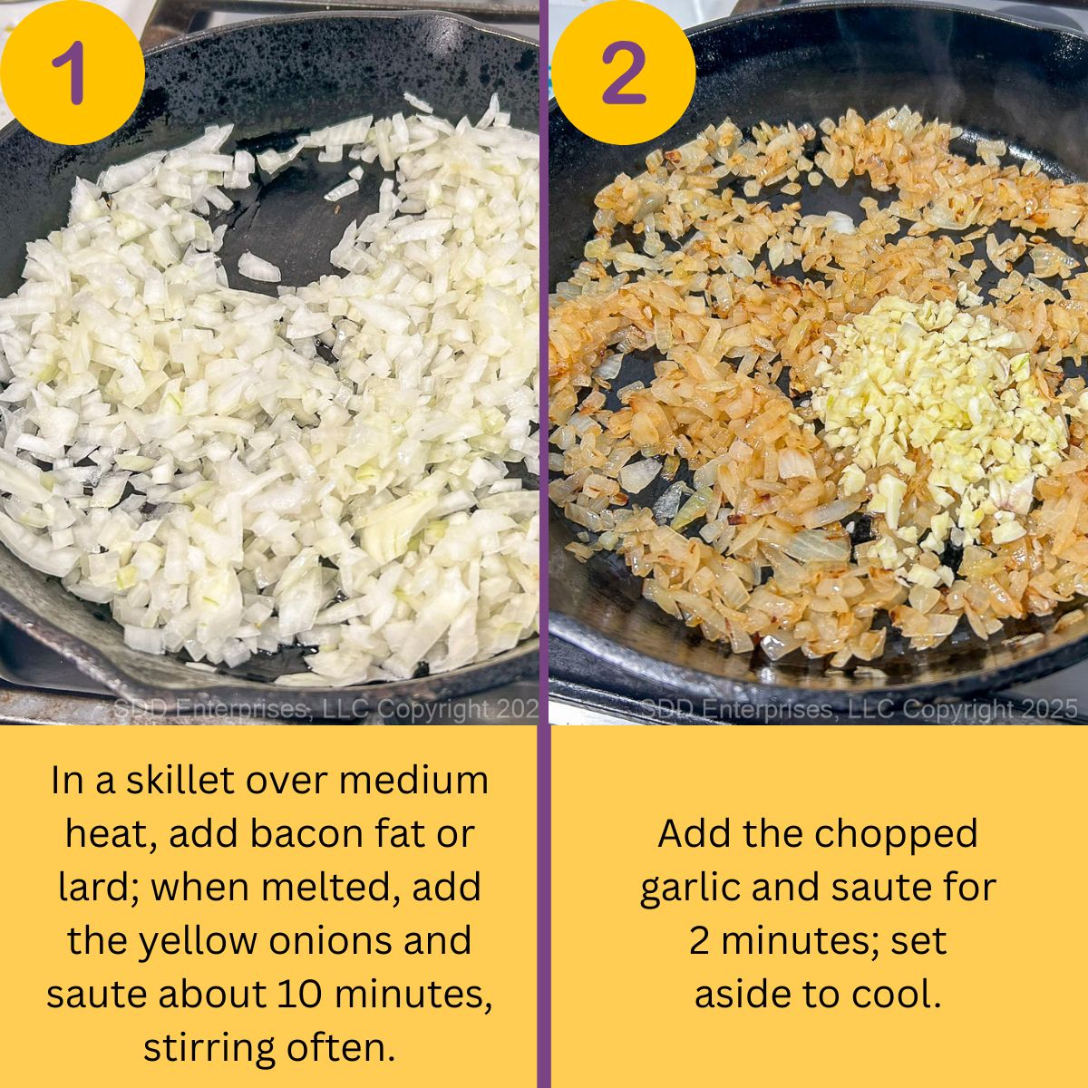 Initial steps for making meatloaf-saute onions and garlic in a pan.