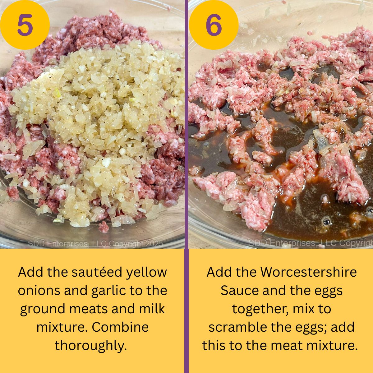 Adding vegetables and seasonings to meats for a meatloaf.