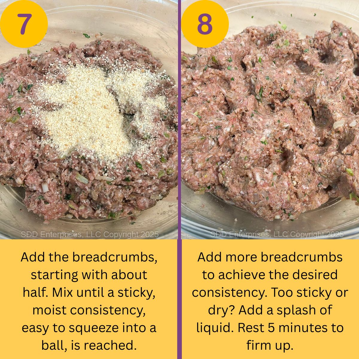 Adding breadcrumbs to a meat mixture for meatloaf.