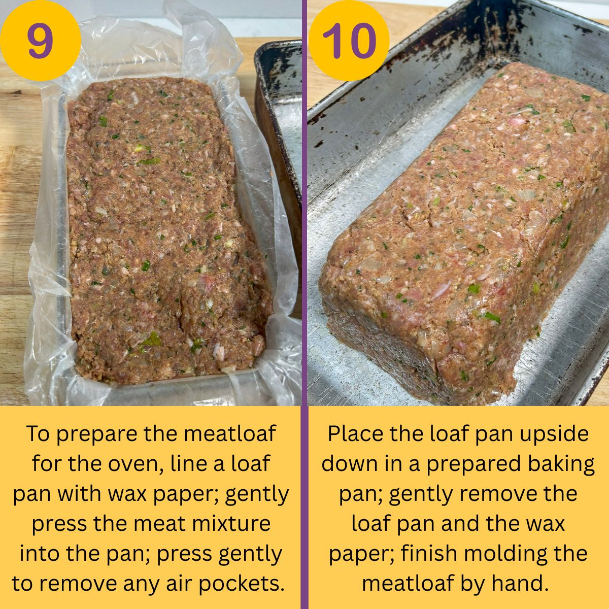 Forming a meatloaf in a pan.