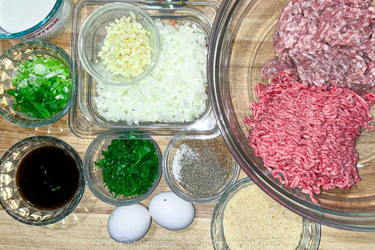 Prepared ingredients Mise En Place for meatloaf.