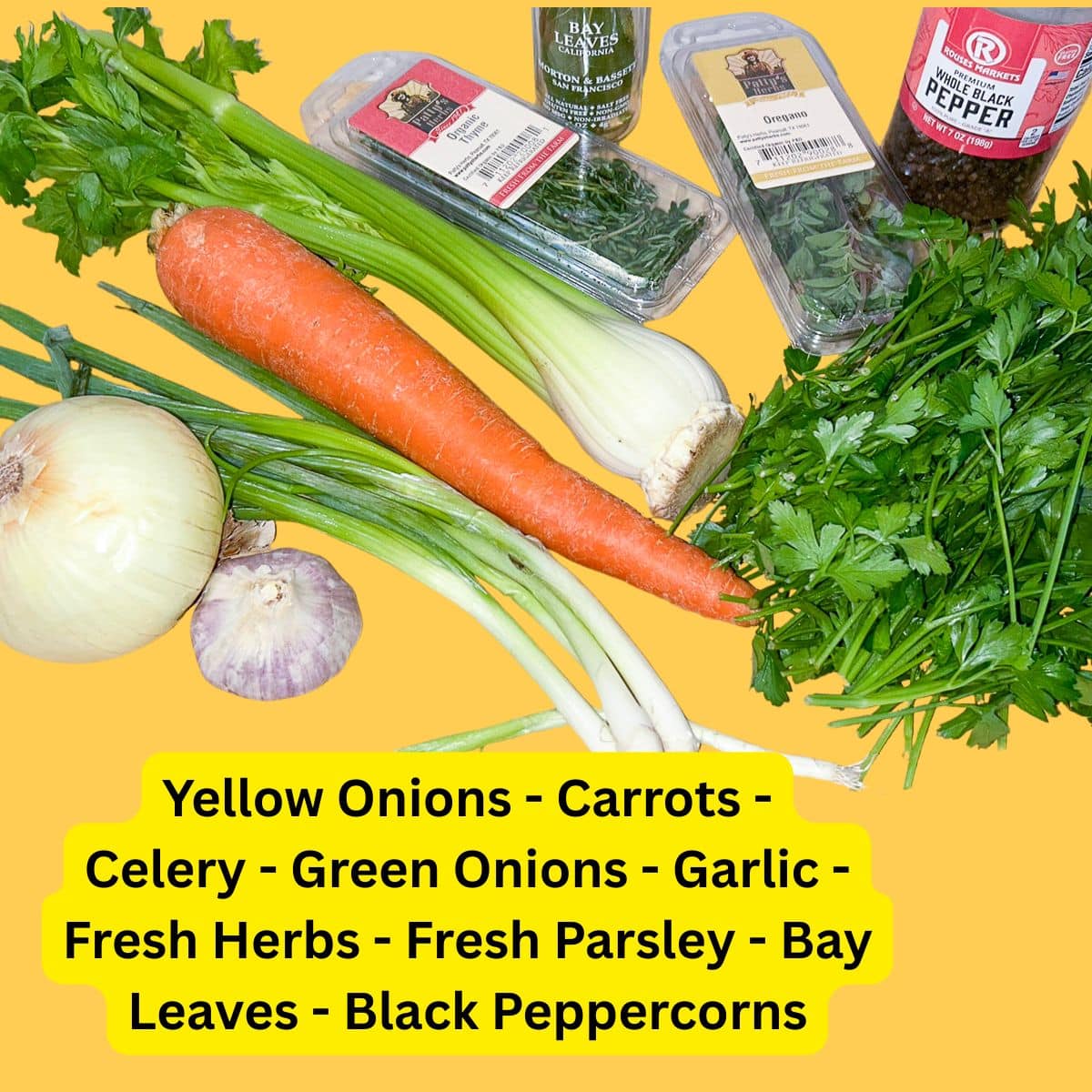 Fresh herbs, garlic, and vegetables prepared for homemade shrimp stock.