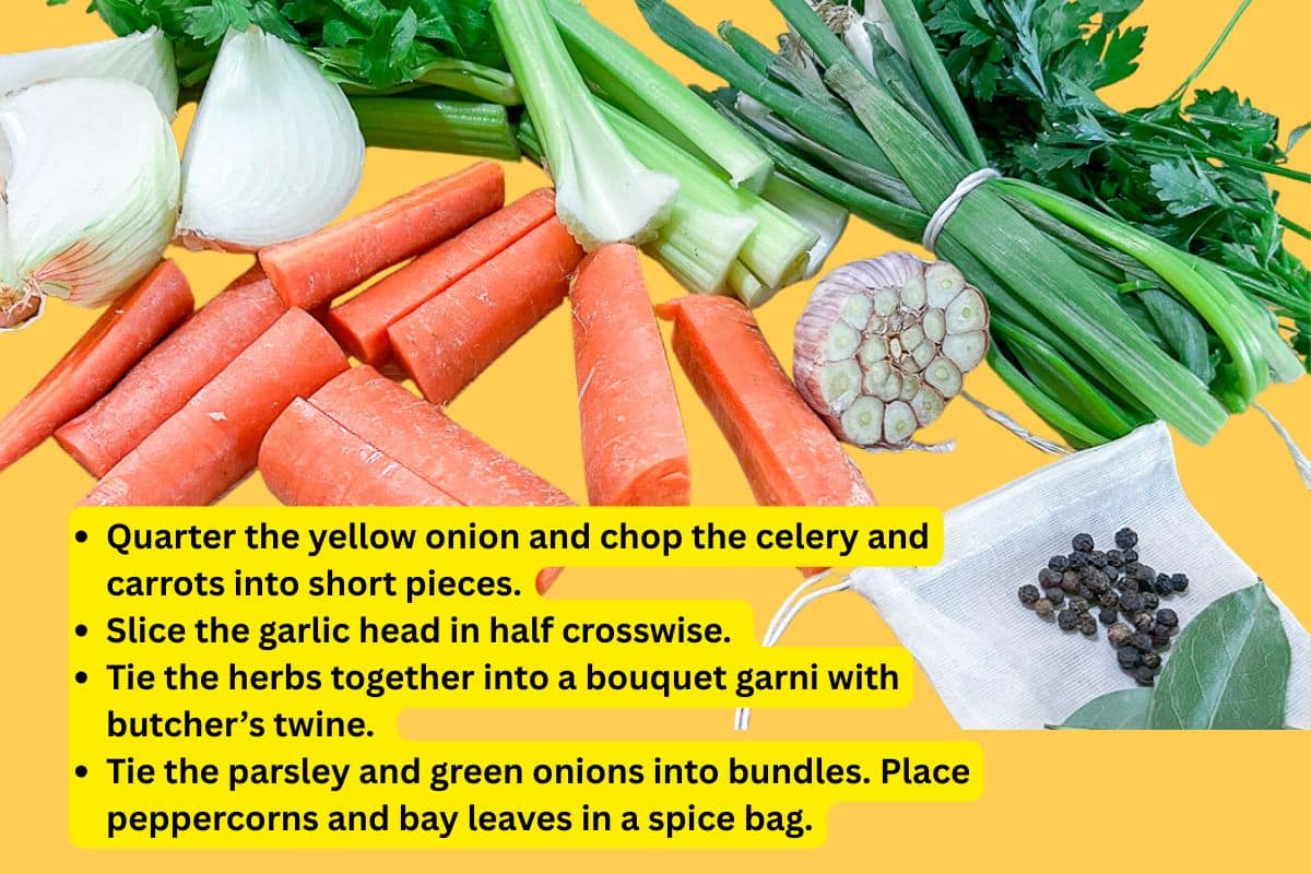 Prepped ingredients for shrimp stock: vegetables, and herbs.
