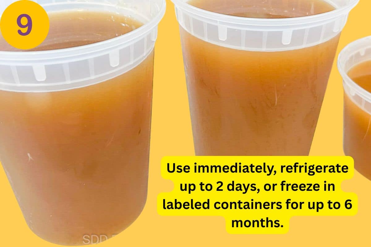 Homemade Shrimp Stock in plastic freezer containers.