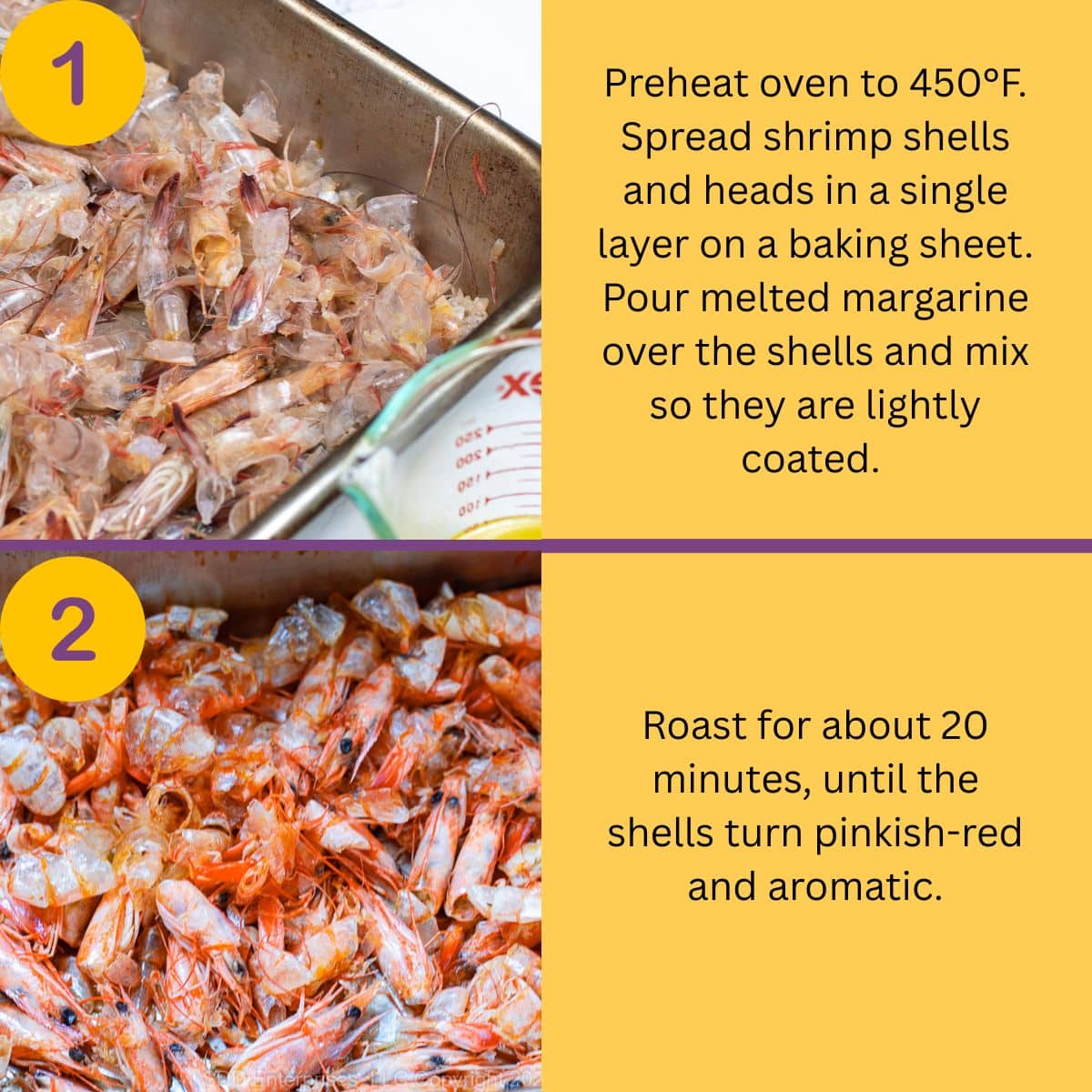 Shrimp shells spread on baking sheet ready for roasting.