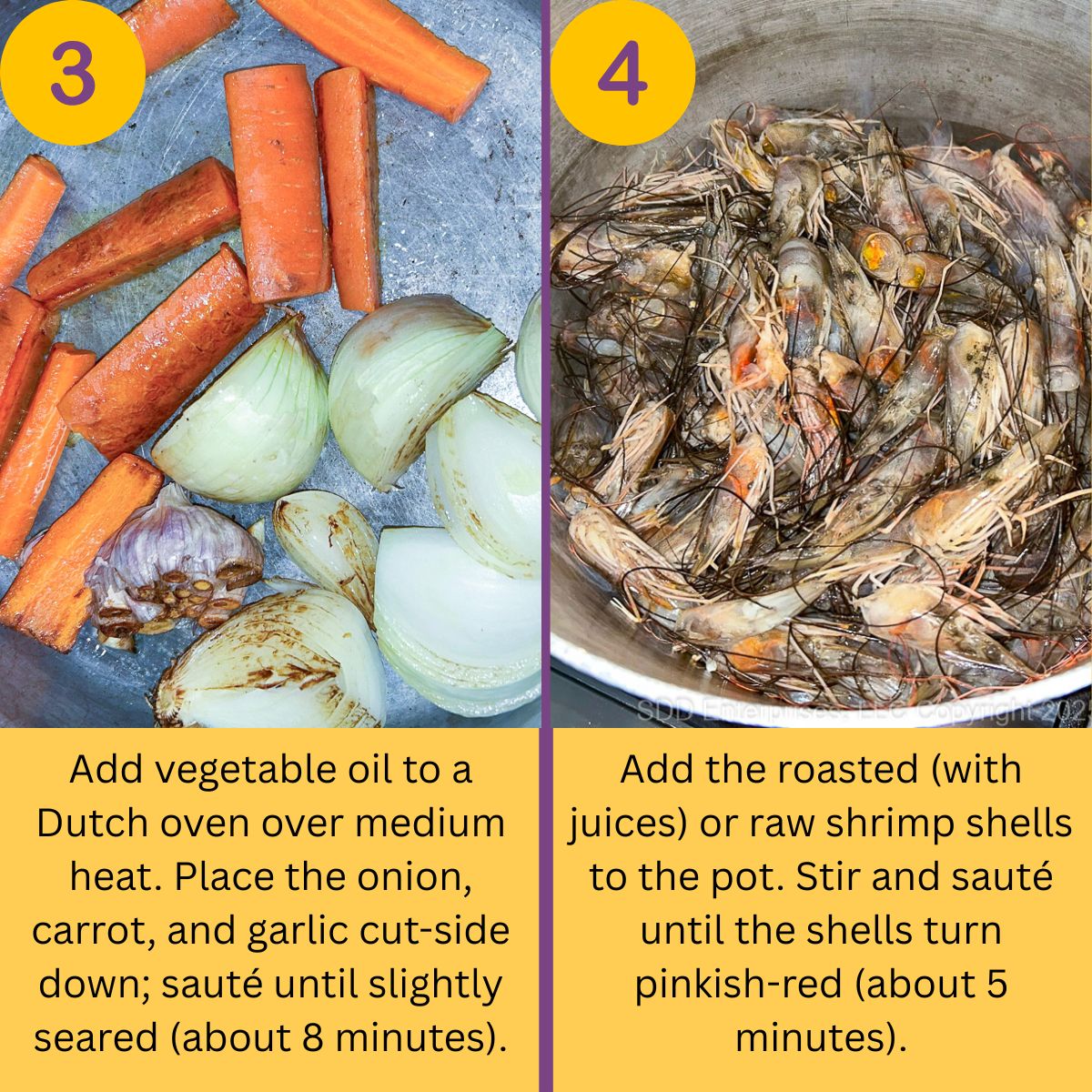 Onions, carrots, and garlic searing in a pot for shrimp stock.