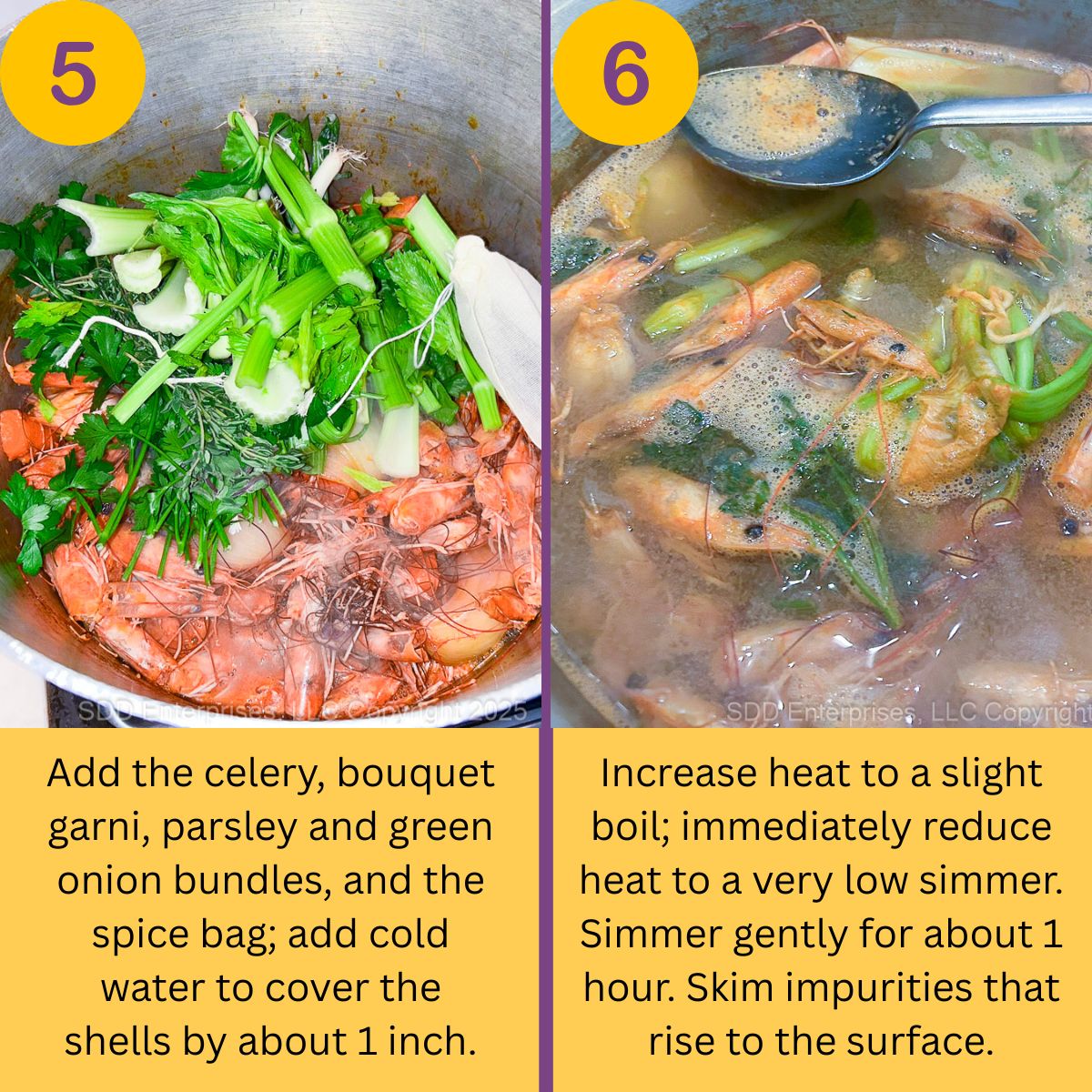 Shrimp shells and vegetables covered with water in a stockpot.