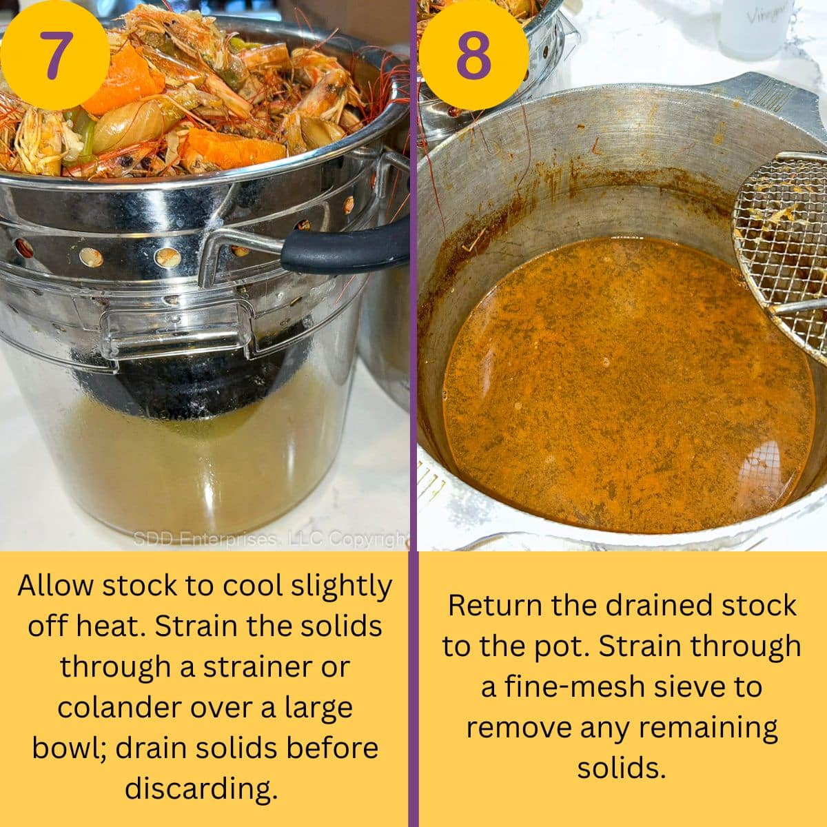 Straining shrimp stock through a colander to remove solids.