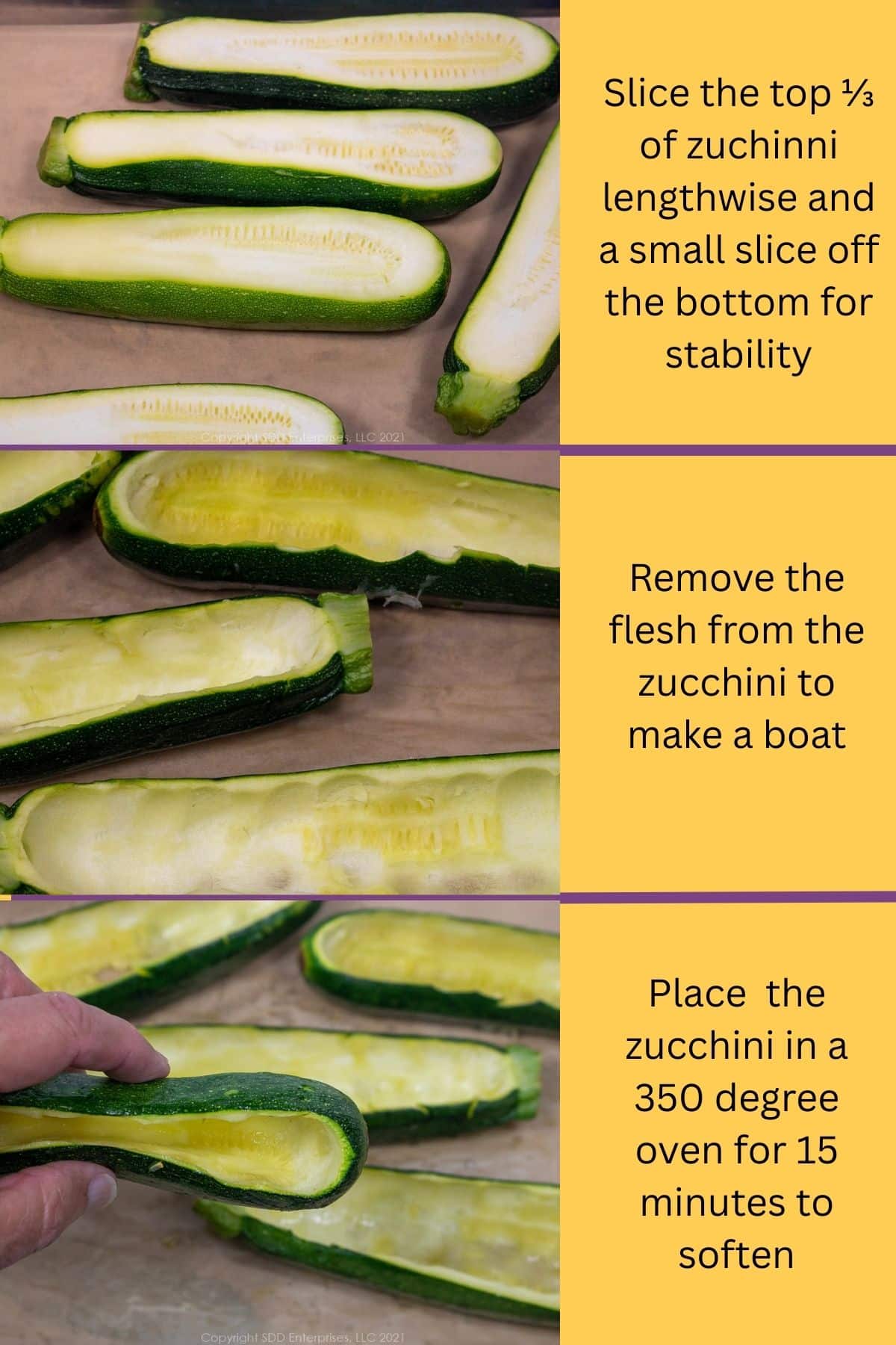 Steps to prepare zucchini for stuffing.