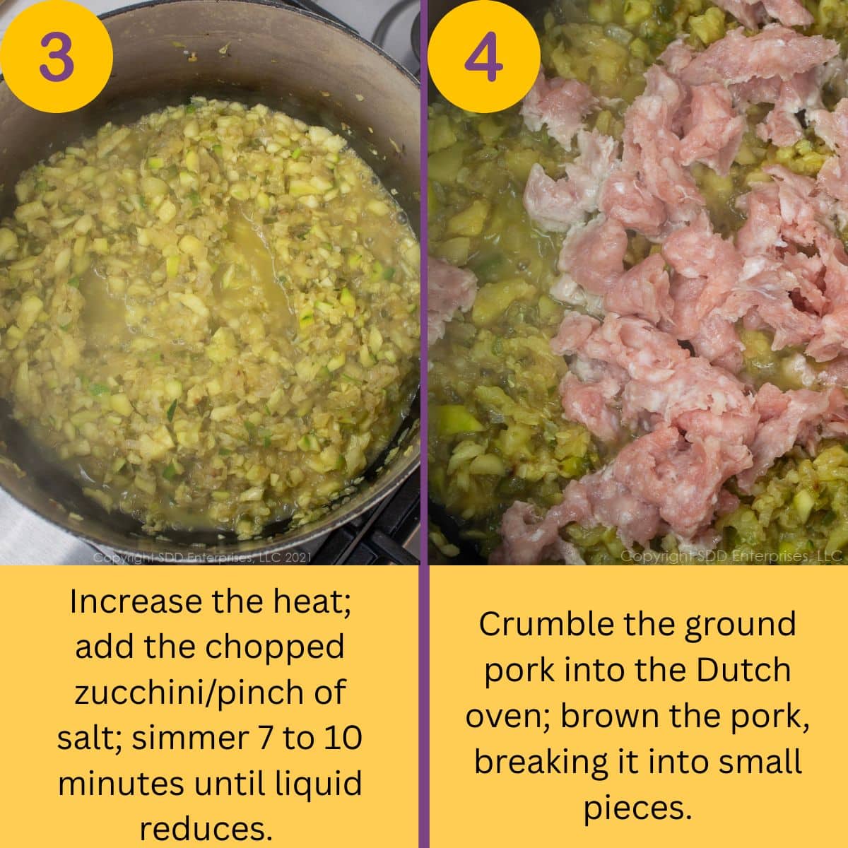 Steps to make a filling in a Dutch oven.