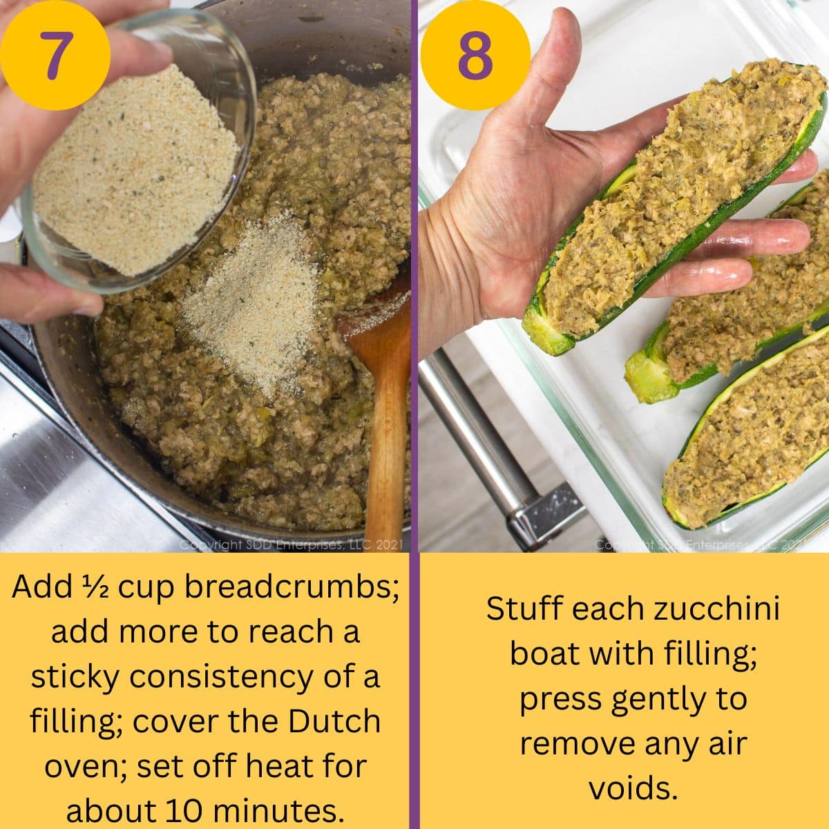 Steps to finish a filling, then stuffing then stuffing it in a zucchini.