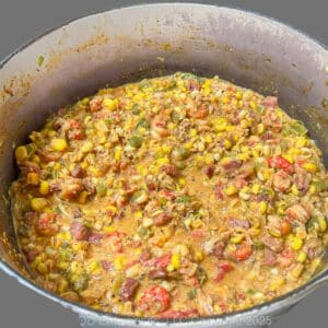 Crawfish Maque Choux in a Dutch oven.