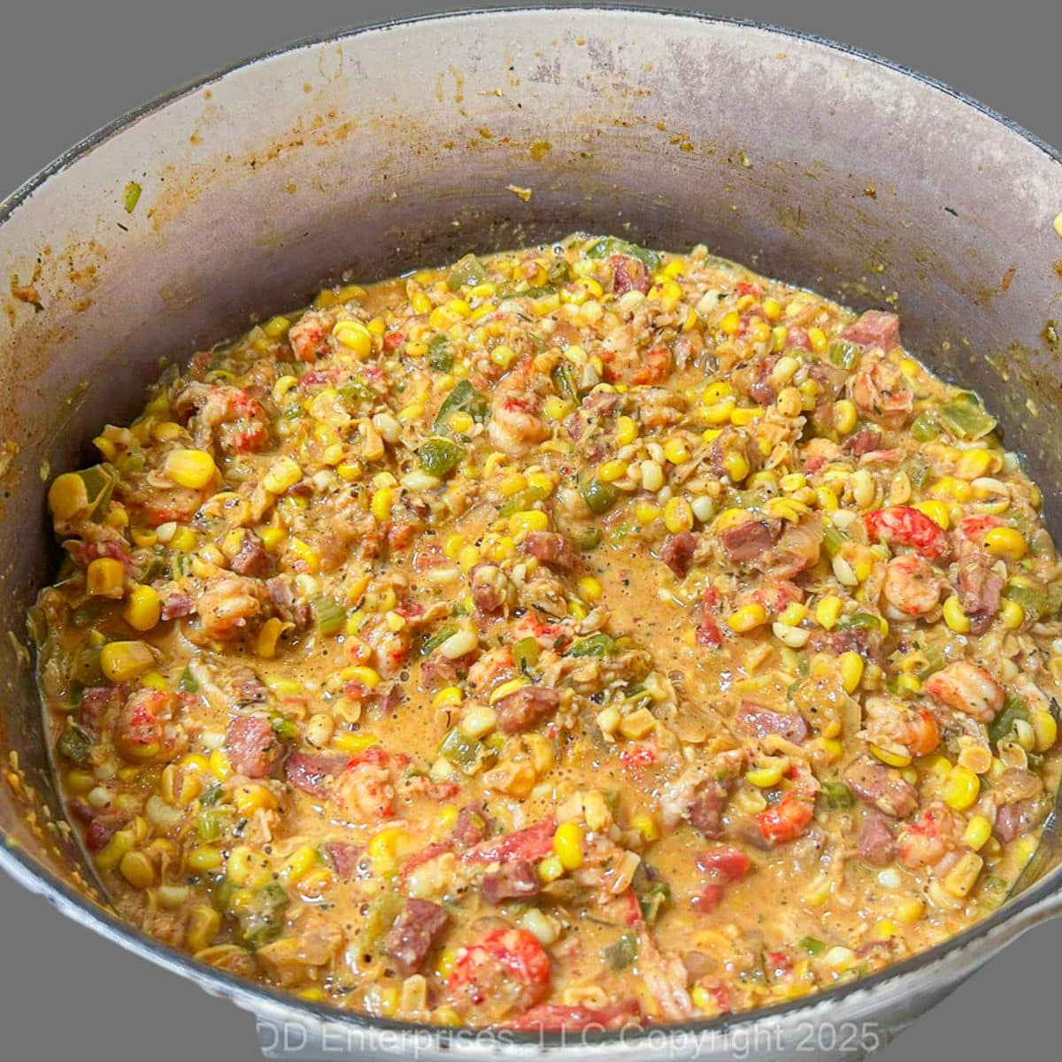 Crawfish Maque Choux in a Dutch oven.