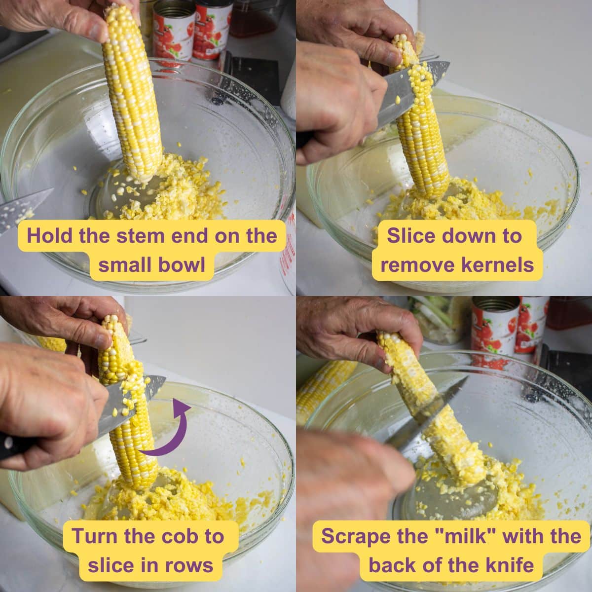 Step by step for cutting kernels off a corn cob.