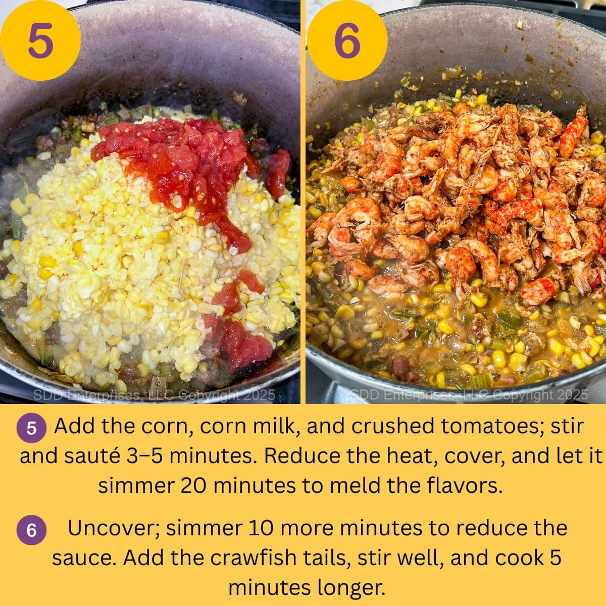 Adding fresh corn and tomatoes to Maque Choux, then adding Crawfish tails in a Dutch oven.