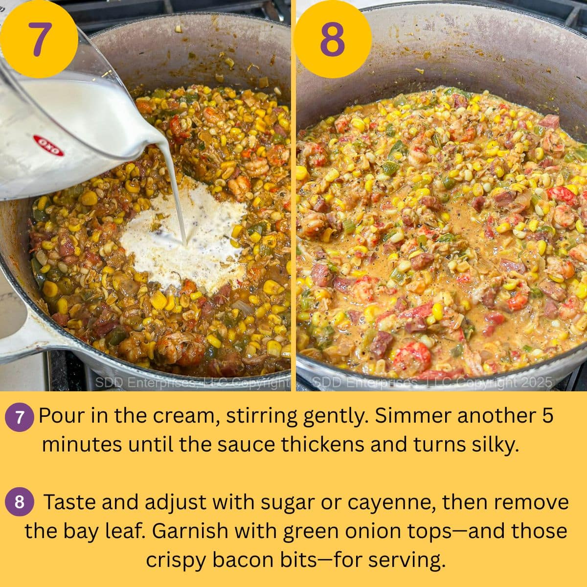 Cream being added to Maque Choux in a Dutch oven.