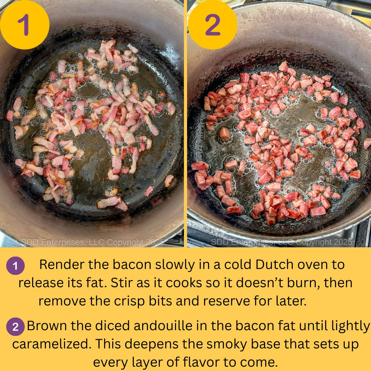 Rendering fat from bacon and sausage in a Dutch oven.