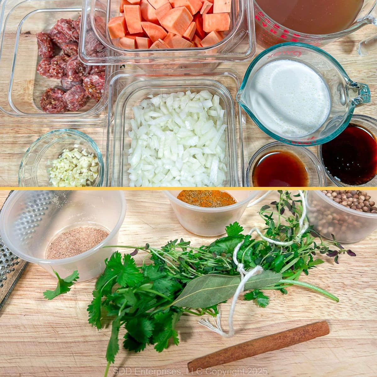 Prepped ingredients for Sweet Potato Bisque.