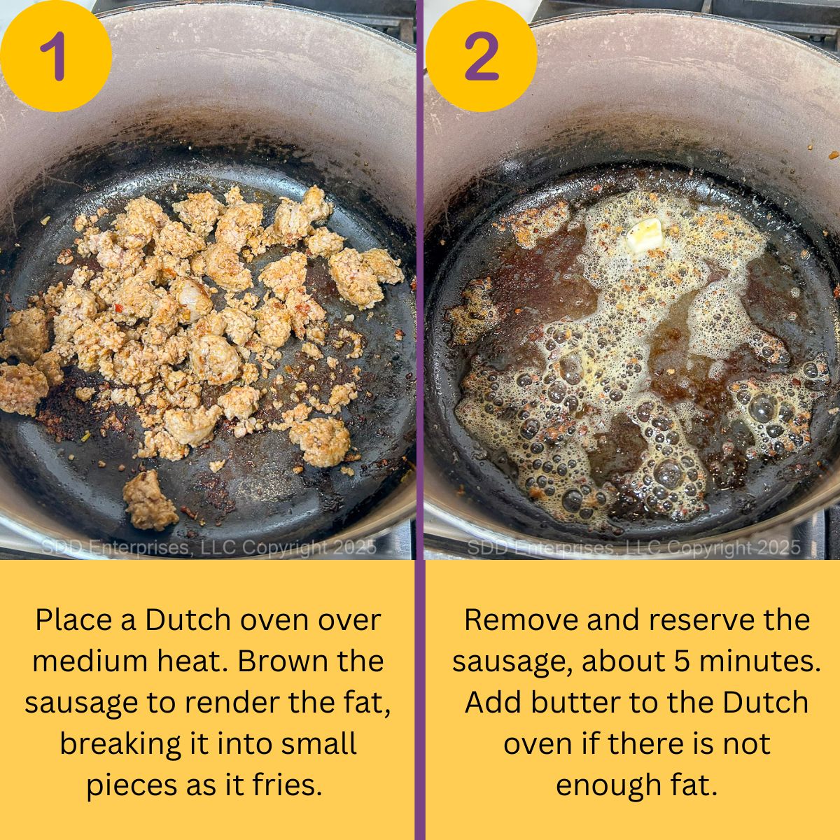 Browning Cajun sausage in a Dutch oven to render the fat, then adding butter if needed before sautéing vegetables.