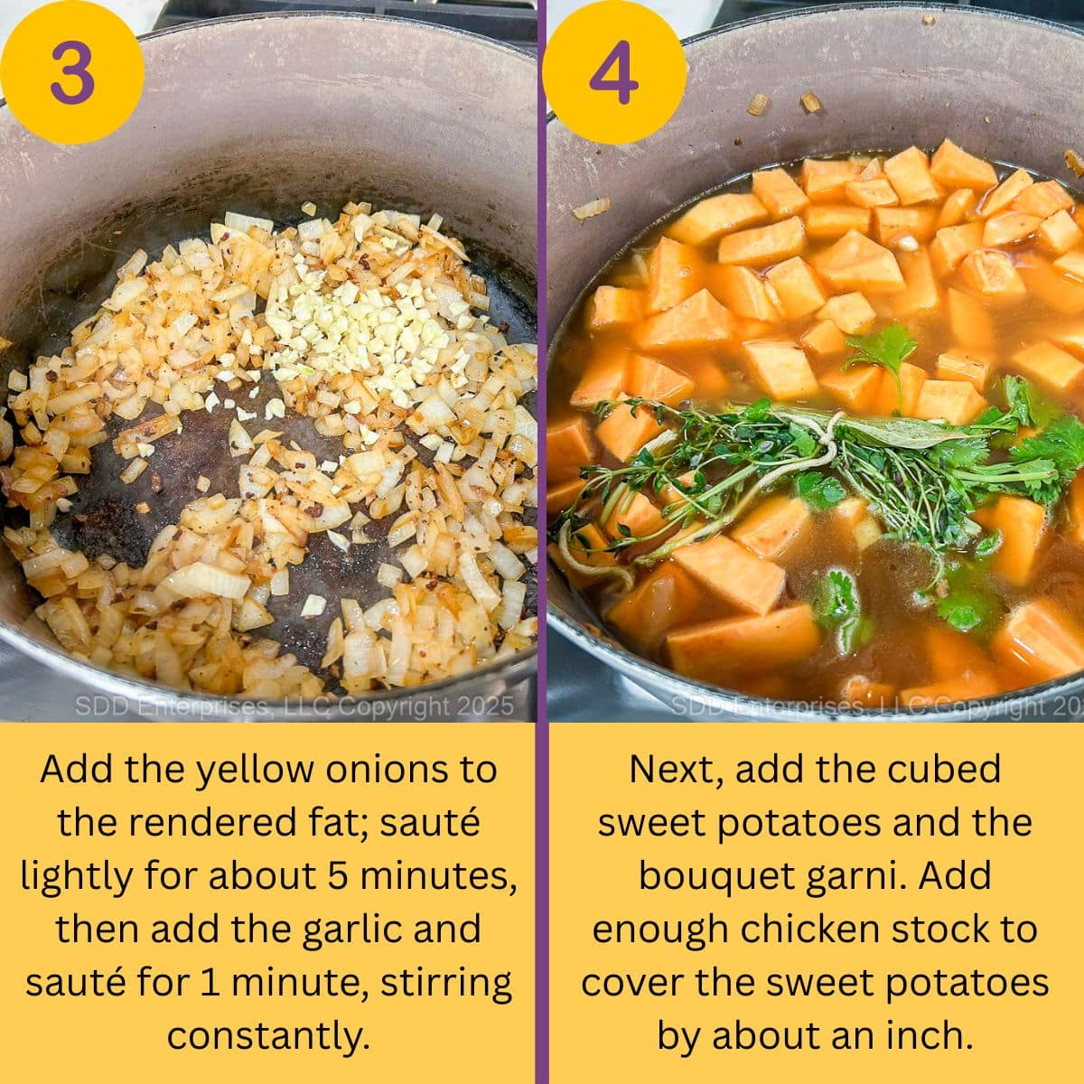 Sautéing yellow onions and garlic in sausage drippings, then adding cubed sweet potatoes, bouquet garni, and chicken stock.