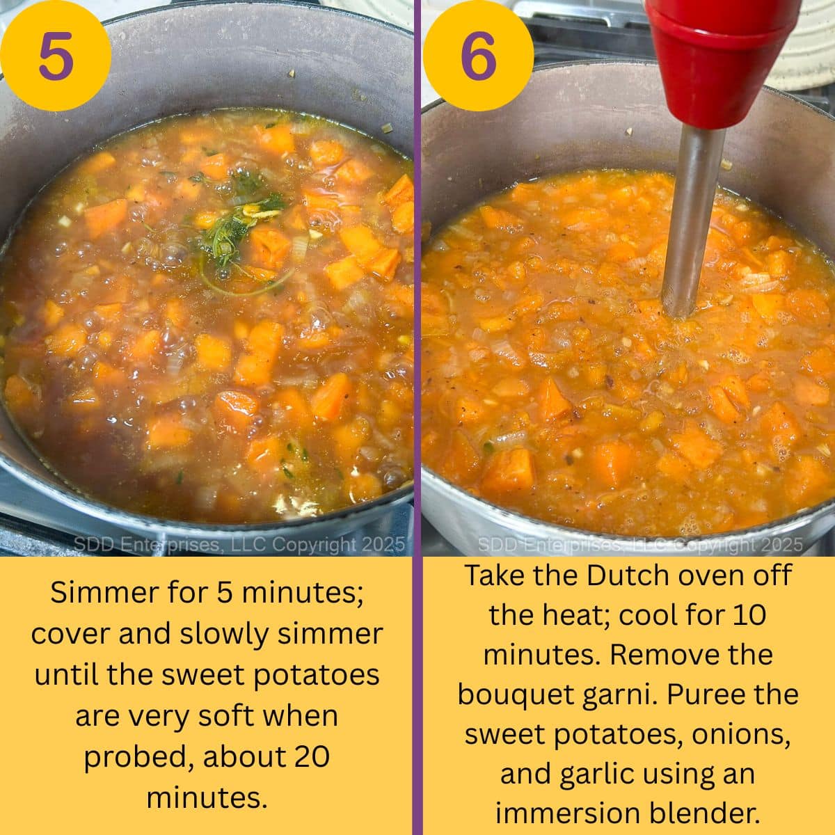 Simmering sweet potatoes until tender, then pureeing the mixture with an immersion blender for a smooth, creamy bisque.