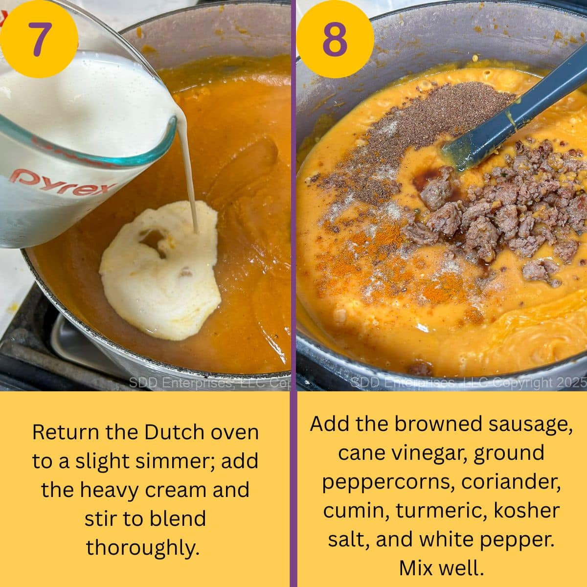 Stirring heavy cream into the pureed bisque, then seasoning with sausage, cane vinegar, coriander, cumin, turmeric, salt, and pepper.