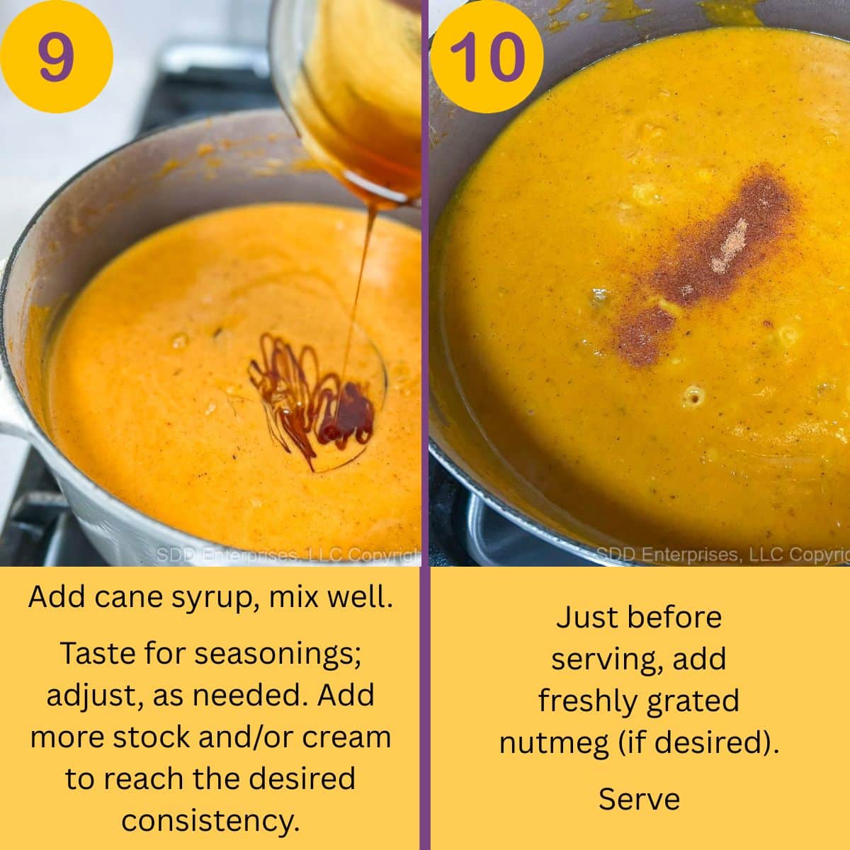 Finishing the bisque with cane syrup and grated nutmeg, adjusting consistency with stock or cream before serving.