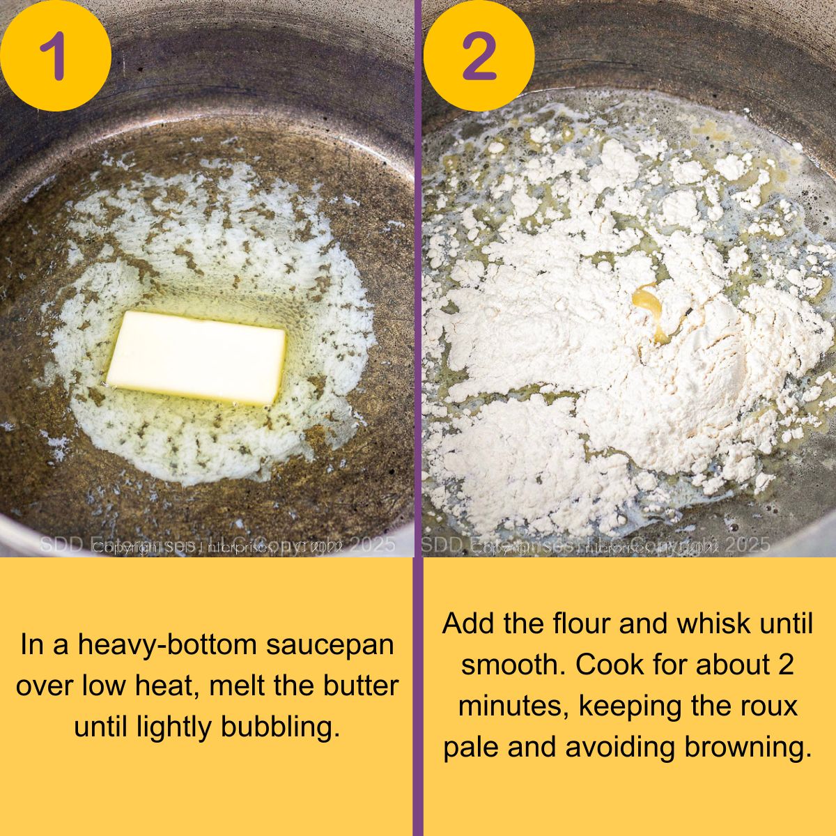 Two-step collage showing butter melting in a saucepan, then flour being whisked in to make a smooth white roux.