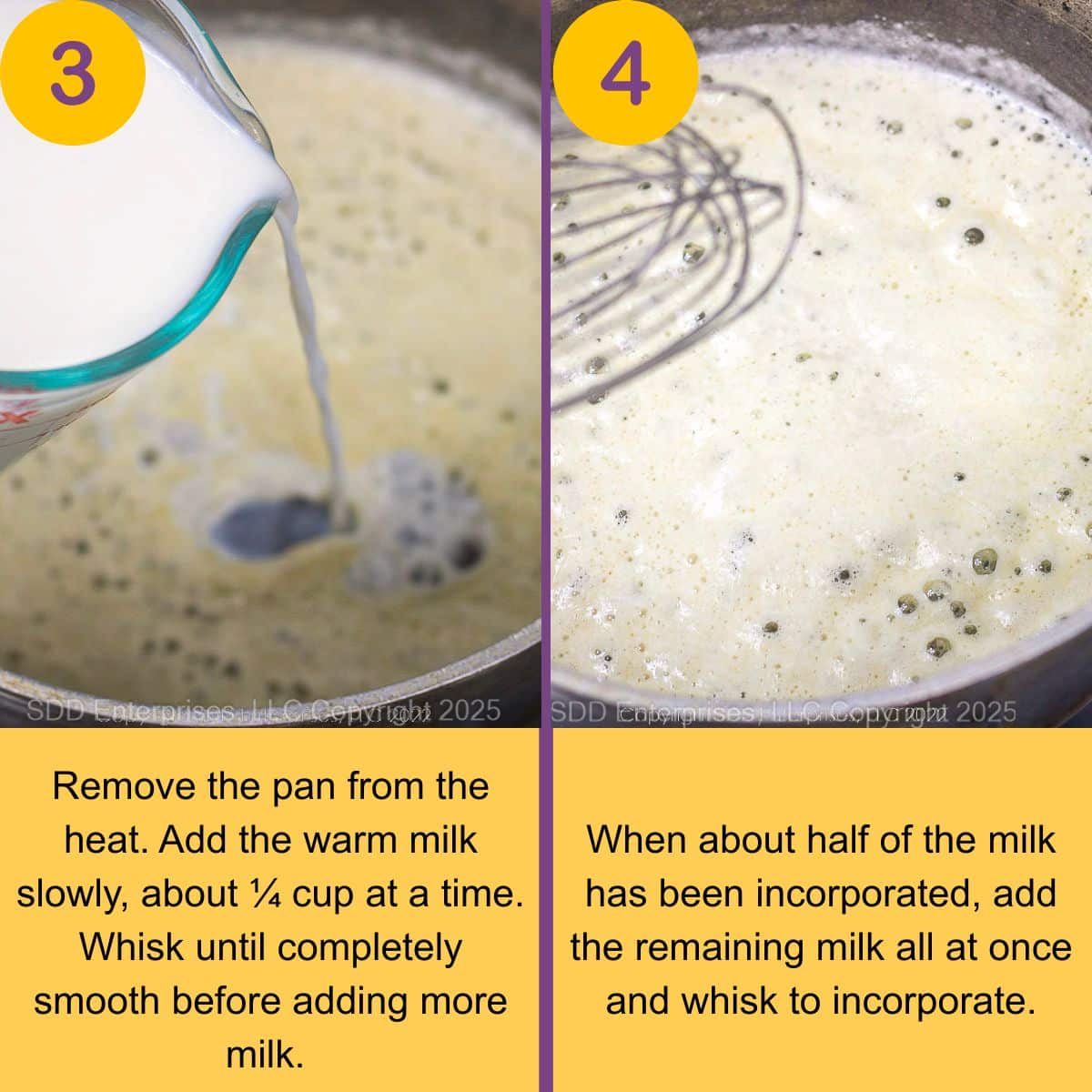 Two-step collage showing warm milk being poured into the roux and whisked until smooth as the sauce begins to thicken.