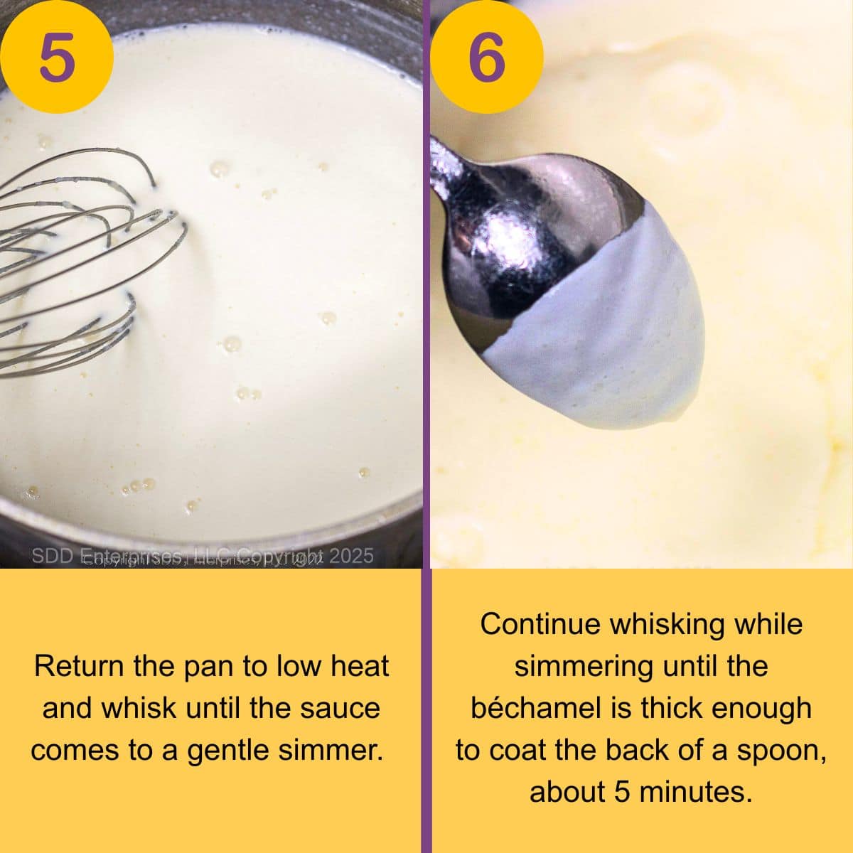 Process of whisking bechamel sauce until it coats the back of a spoon.